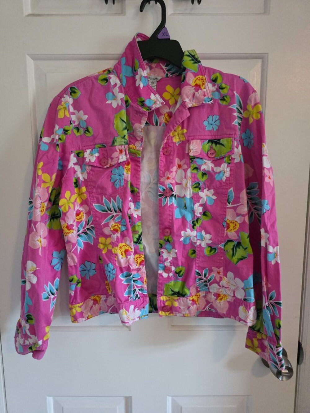 Womens Mirette size L Button up Shirt or Light Jacket Pink Floral Hawaiian